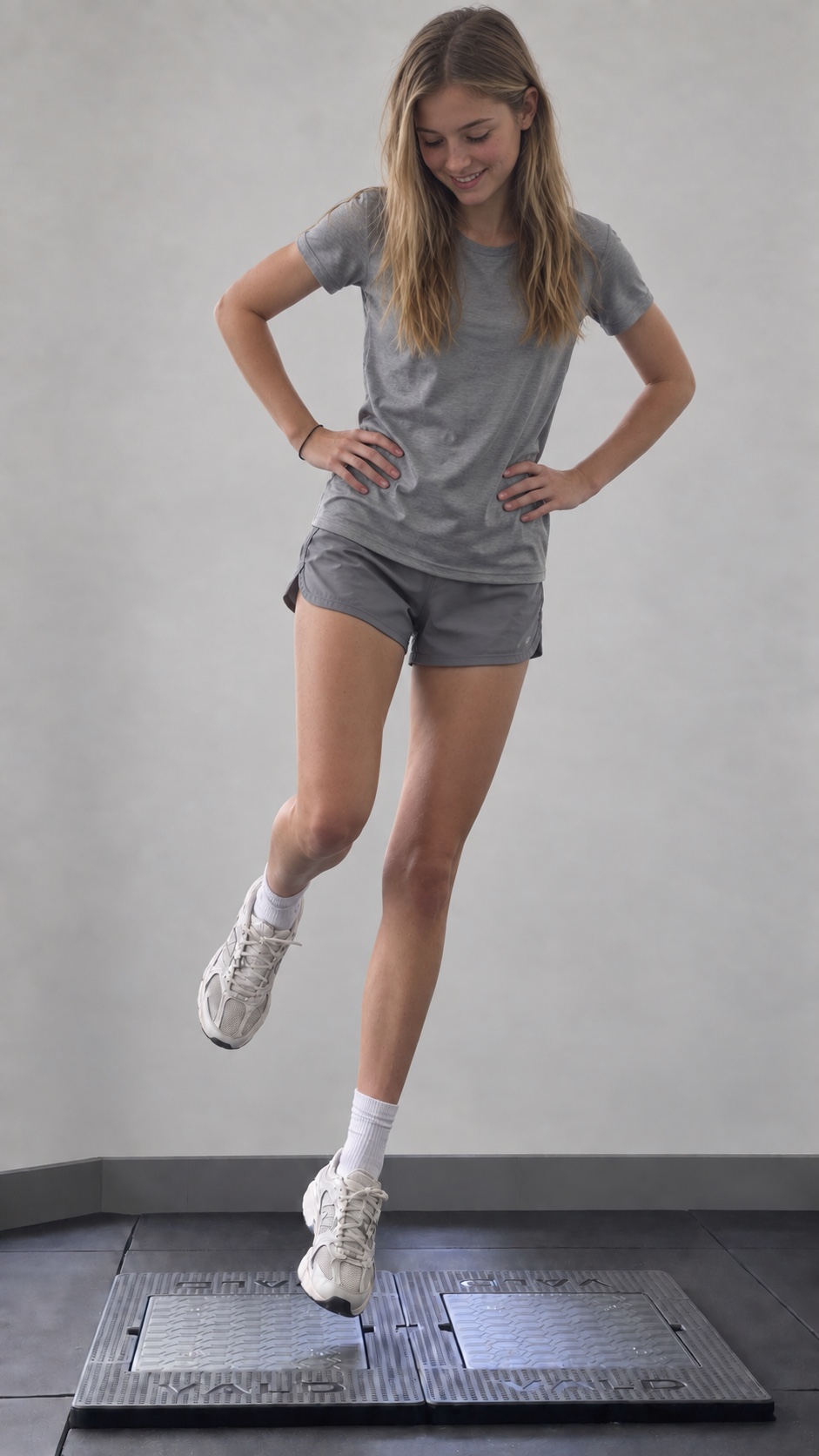 A youth athlete taking off from one leg on a force plate with hands on hips