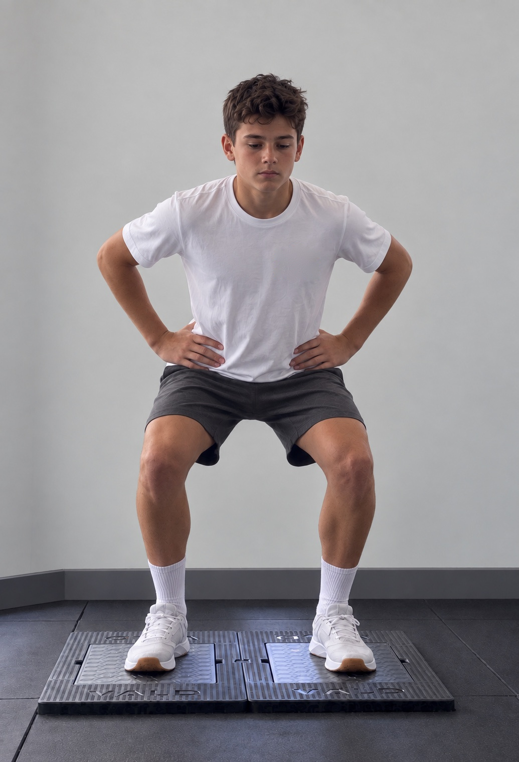A youth athlete holding a static squat on dual force plates, hands on hips, before a squat jump