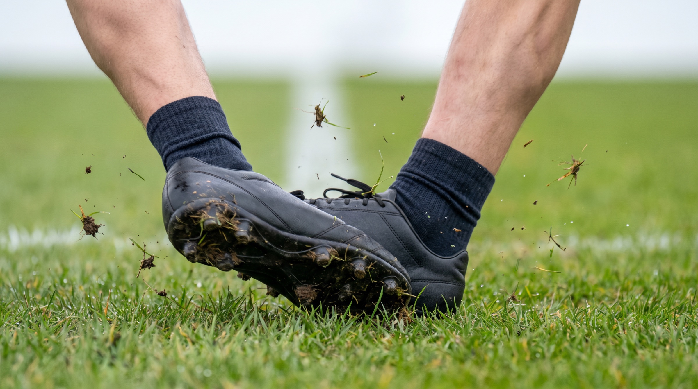 A football boot planting into the turf at the moment of ground contact