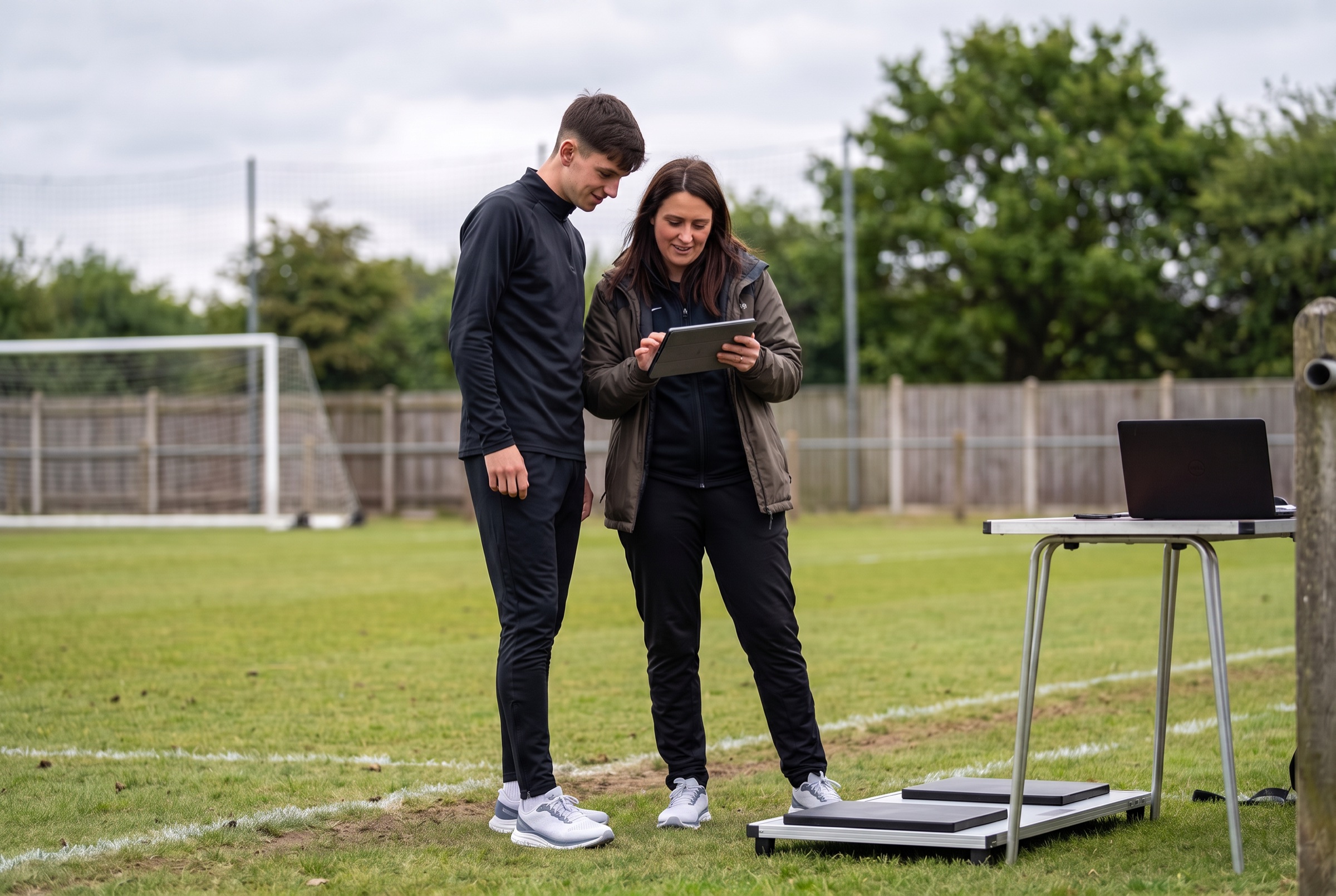 A young footballer and a parent reviewing his results together on a tablet at the pitch edge