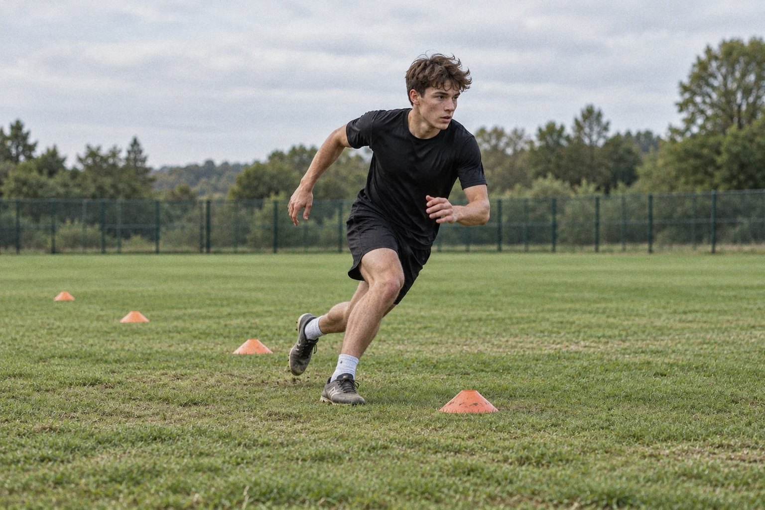 A young athlete cutting sharply between cones on a grass training pitch