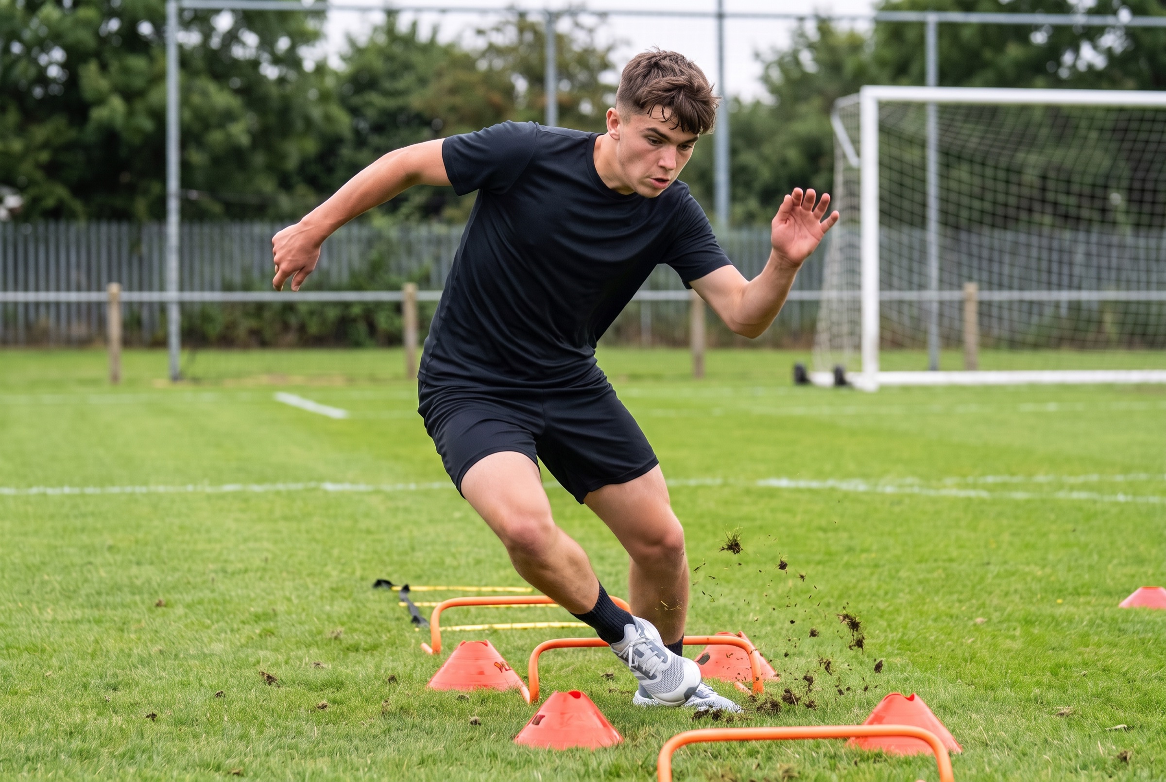 A young footballer cutting hard through a change-of-direction drill on the pitch