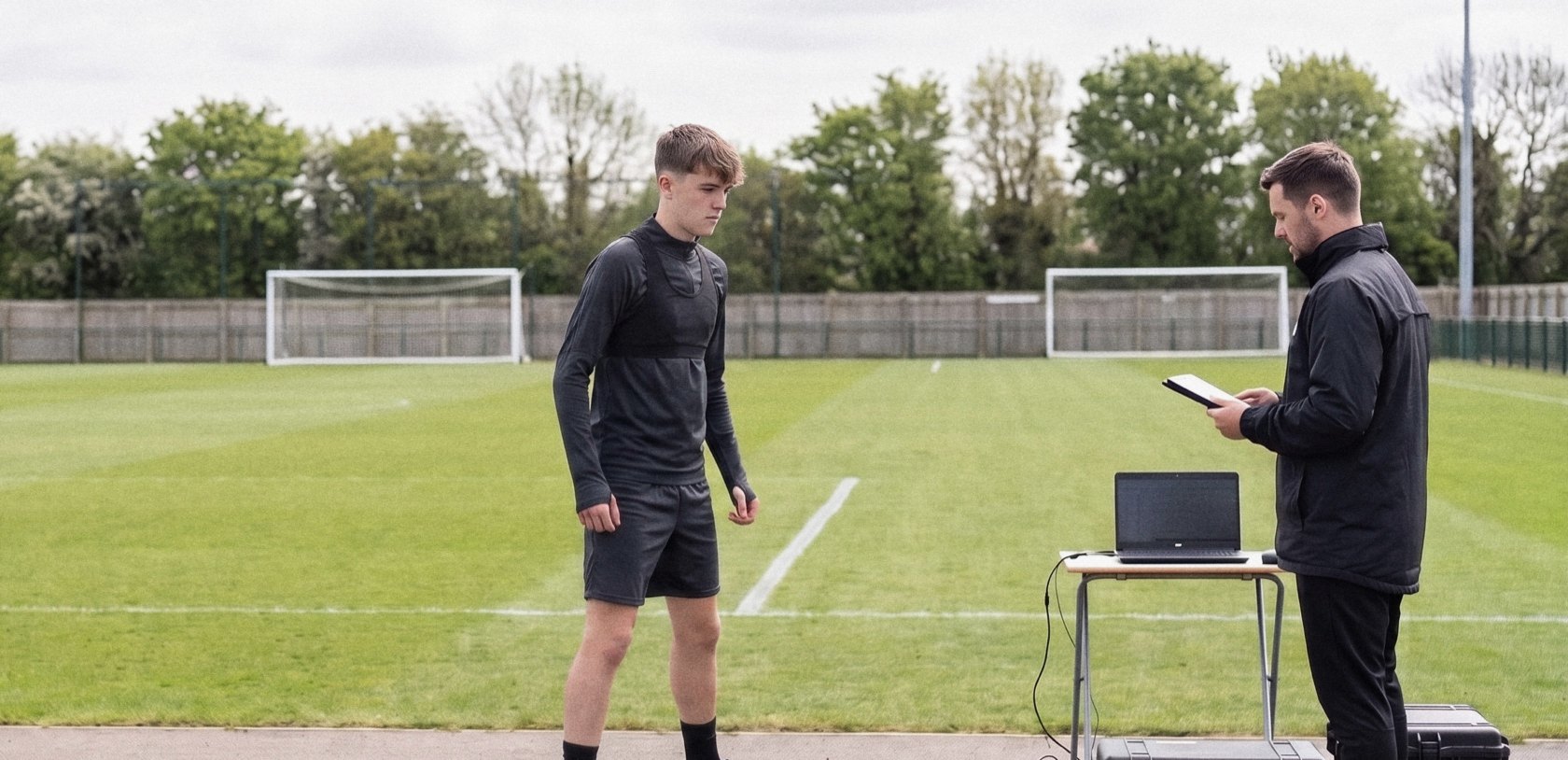 A young athlete waiting for his result at the edge of a pitch while a tester reads it on a tablet
