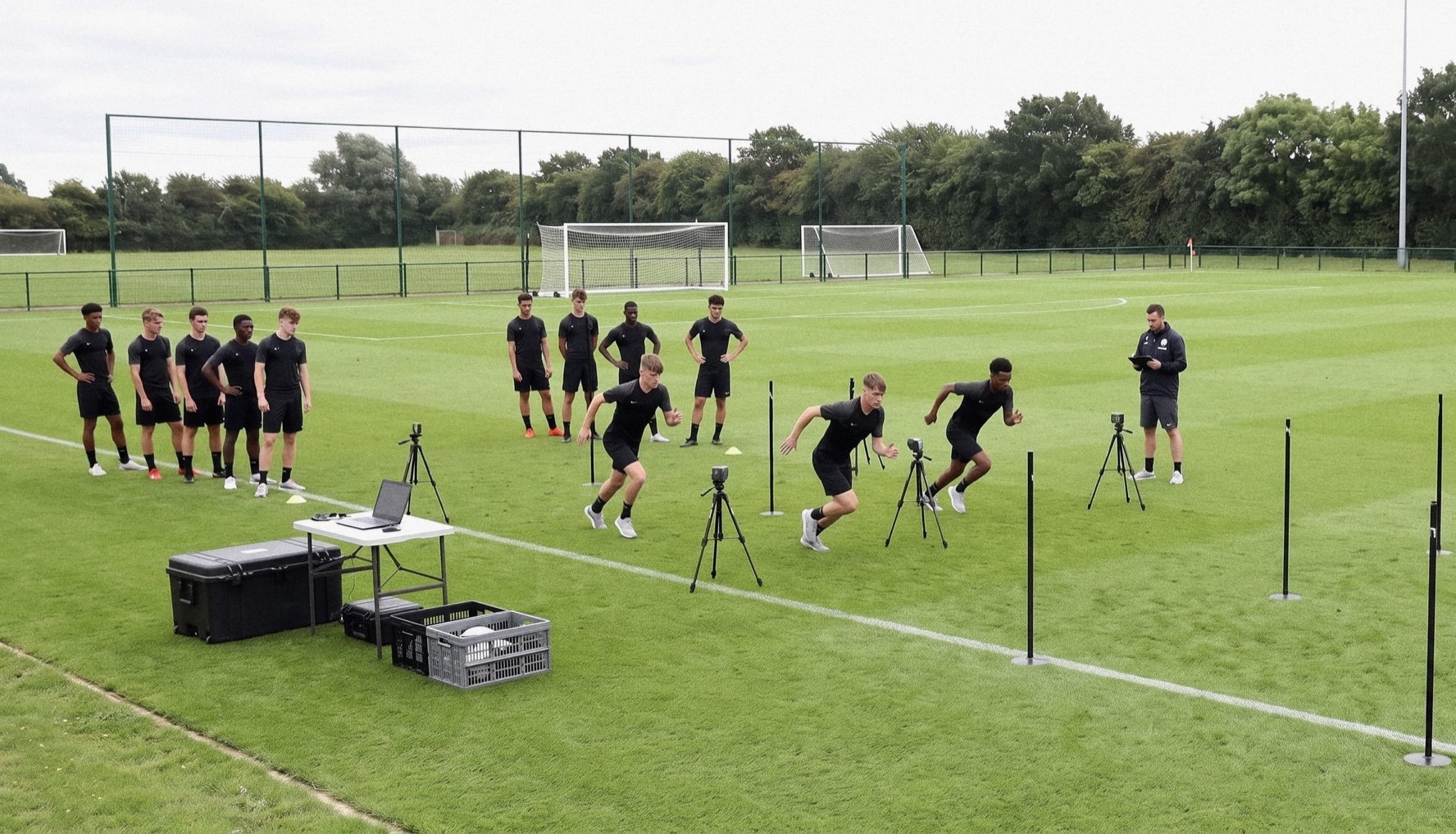 A squad rotating through testing stations on a training pitch