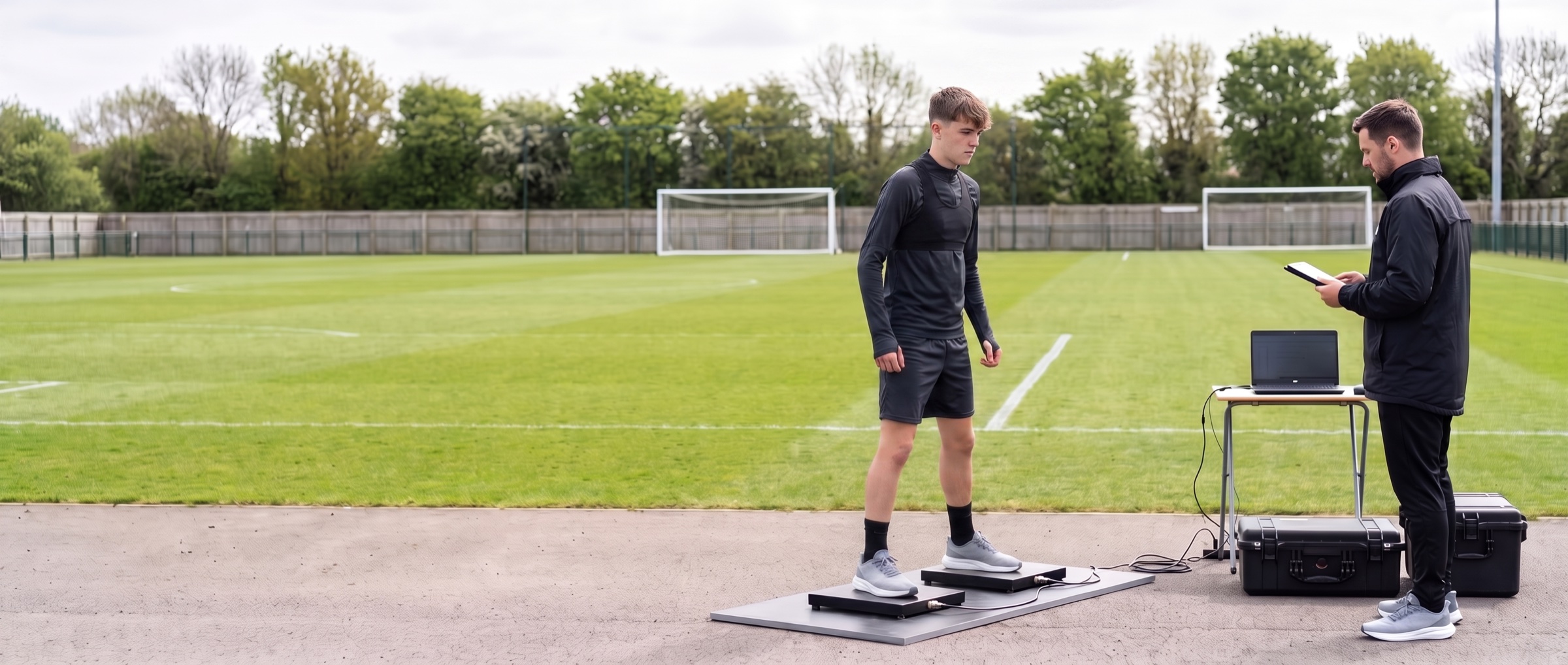 A young footballer on force plates at the pitch edge while a practitioner records the result on a tablet