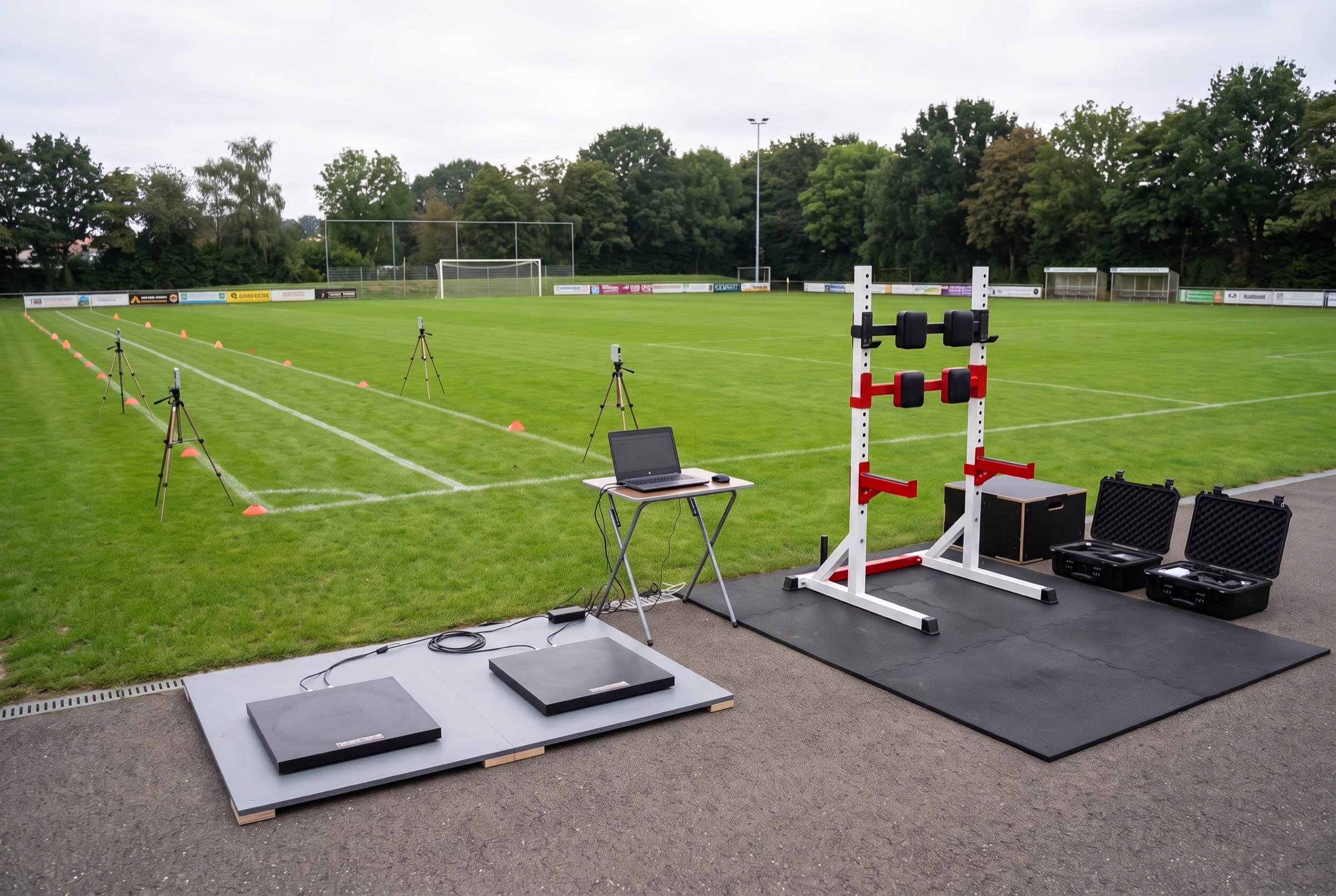 A performance testing setup laid out at the edge of a football pitch