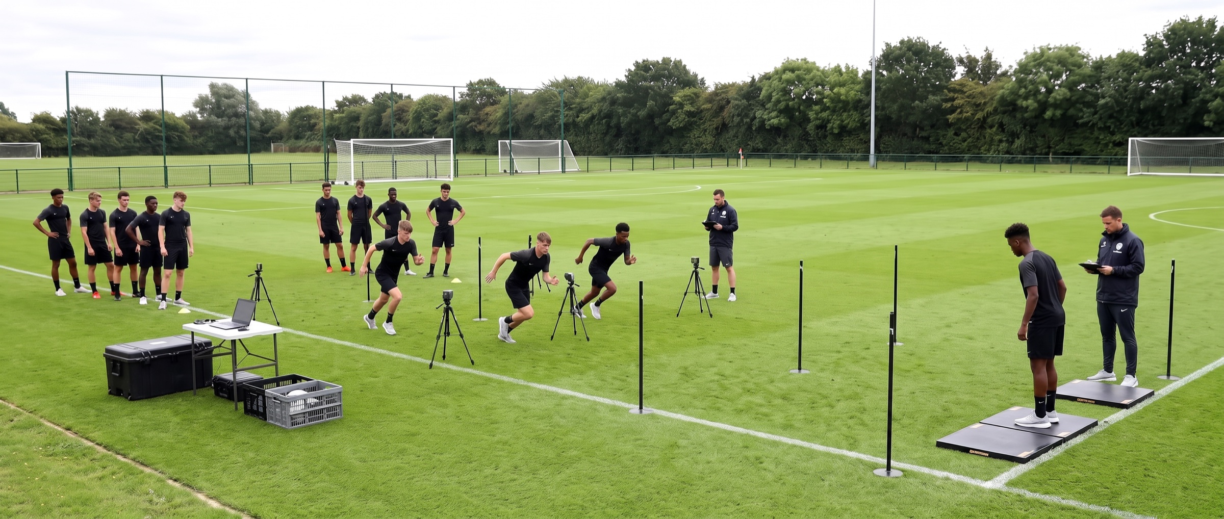 A youth academy squad running a testing session across the pitch